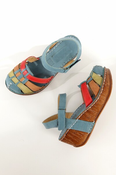 Modabuymus Soney Multi-Colored Blue Genuine Leather Sandals Closed-Front Wedge Heels Women's Shoes