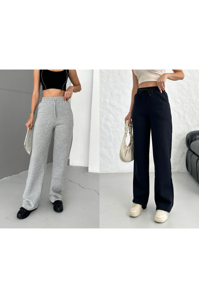 veres Women's Black and Gray Two-Piece High-Waisted Winter Fleece-Lined Wide-Leg Sweatpants with Stitched Cuffs