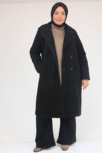 Eslina 33059 معطف كبير الحجم مزين بأزرار من الفيلكرو - أسود