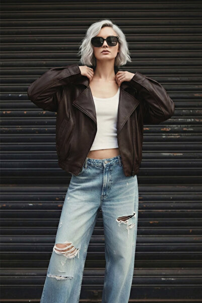 Delpino Oversize Γυναικείο Δερμάτινο Μπουφάν