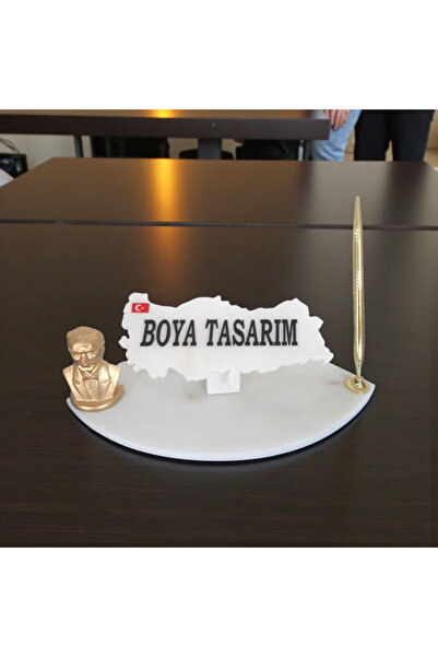 ecay mermer ürünleri Doğal Beyaz Mermer Masa Ofis İsimlik Kalem Ve Atatürk'lü