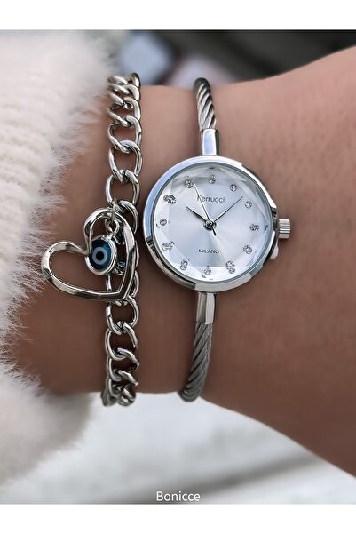 Ferrucci Women's Watch, Handcuff Steel Band, Silver Color. Vintage Mini Safe, Cut Glass, with Heart Bracelet Gift