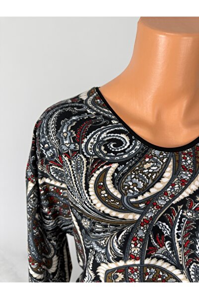 YAŞAR TRİKO Women's Multi-Colored Patterned U-Neck Long Sleeve Side Slit Suede Mother Combed Cotton T-Shirt