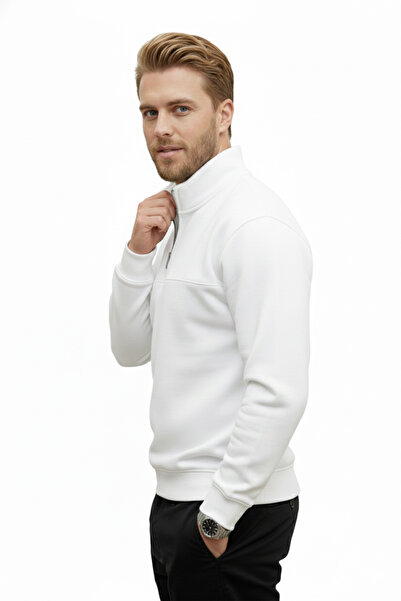 DeepSEA Men's White Relax Fit Fleece Inside 100% Cotton Half Zipper D Mock Neck Sweatshirt 2600760