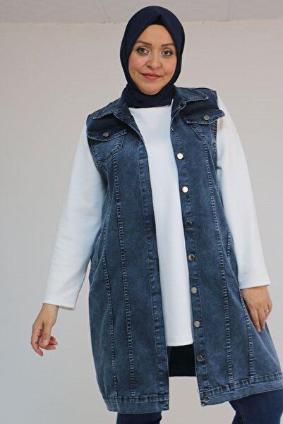 Eslina 44002 Plus Size Double Pocket Denim Vest - Snow Wash Navy Blue