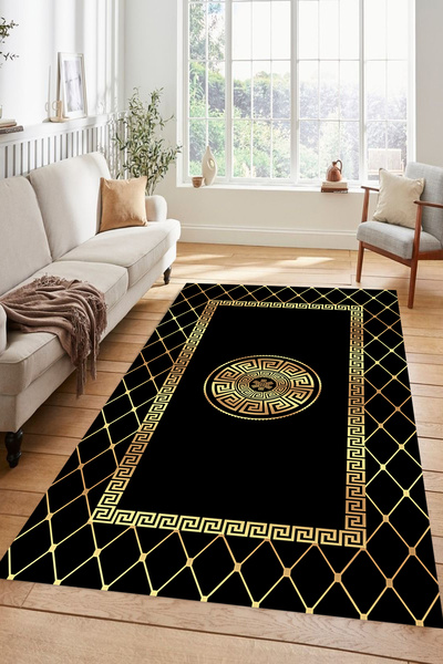 Kessy Home Studio Avangard Siyah Gold Çerçeveli Salon Halısı Dijital Baskı Makinede Yıkanabilir Kaymaz Taban Yolluk