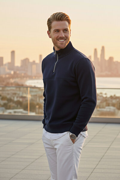 DeepSEA Men's Navy Blue Relax Fit Fleece Inside 100% Cotton Half Zipper D Mock Neck Sweatshirt 2600760