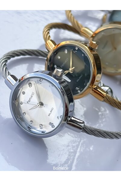 Ferrucci Women's Watch, Handcuff Steel Band, Silver Color. Vintage Mini Safe, Cut Glass, with Heart Bracelet Gift