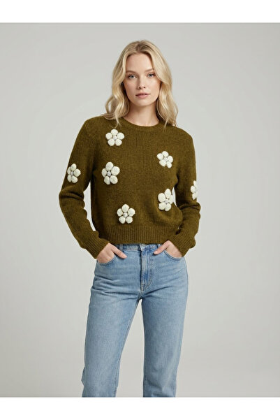 Qoolest Kadın Haki Yünlü Çiçek Aplikeli Yumuşak Dokulu Triko Kazak