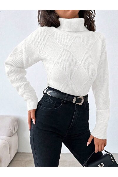 POİNE Women's Thessaloniki Baklava Patterned Women's Premium High Neck Sweater