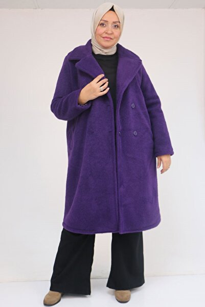 Eslina 33059 Plus Size Button Detailed Felt Coat - Purple