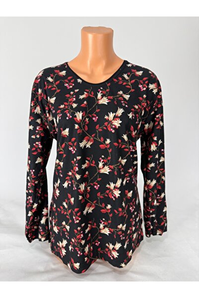 YAŞAR TRİKO Women's Black Floral Patterned U-Neck Long Sleeve Side Slit Suede Mother Combed Cotton T-Shirt