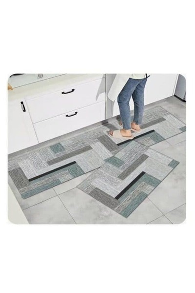 OEM non-slip kitchen rugs, 140x60 cm, geometric zigzag pattern gray-green, 100% polyester