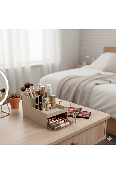 Saros Group Mini Çekmeceli Makyaj Organizeri - Krem Rengi Kutu Pamukluk ve Ru...