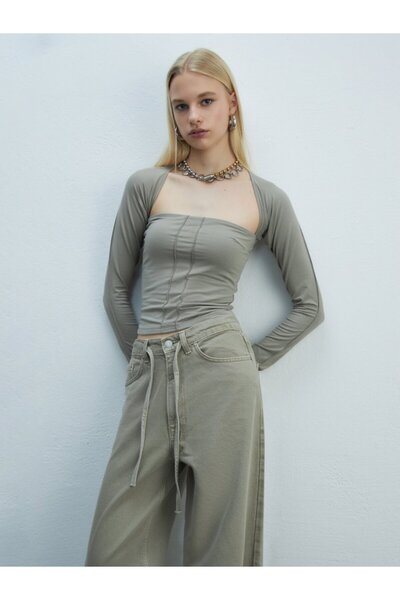 Ltb Strapless Long Sleeve Crop Anthracite Sweatshirt