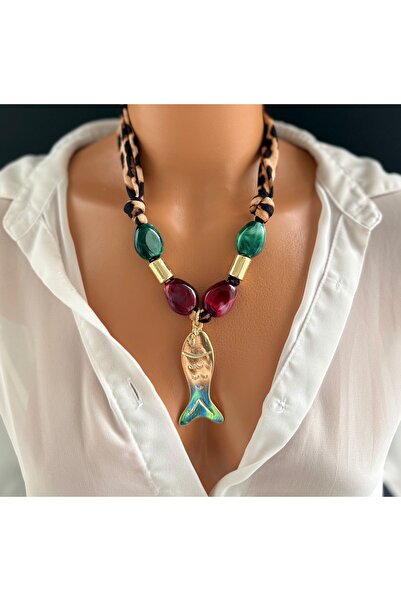 Limi Design Balık aksesuarlı leopar kolye-bandana kolye-fular kolye