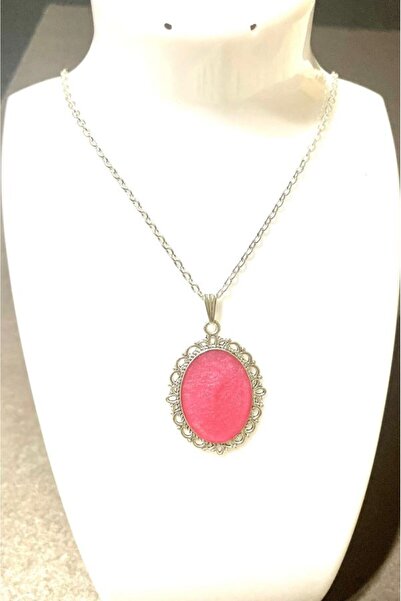 ak-ha takı tasarım antika tonlu simli krom kaplama gümüş oval bezel tepsi kolye.