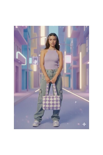 NİSNİS PELUŞ KARELİ DAMA DESEN LİLA OMUZ ÇANTASI