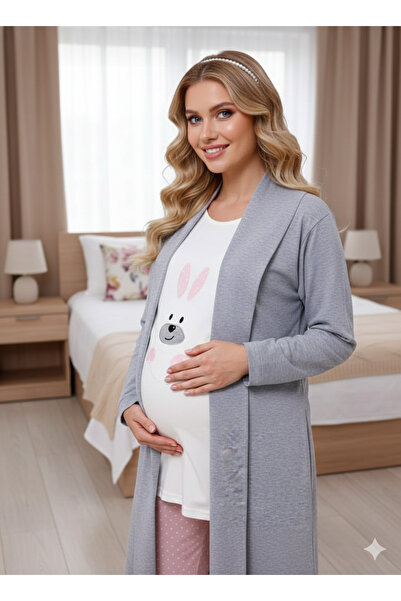 Lohussa طقم بيجامة للحوامل مع روب طويل رمادي اللون بنقشة أرنب وياقة شال