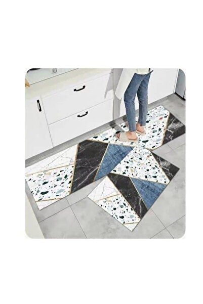 OEM non-slip kitchen rugs, 140x60 cm, black-white-blue marble geometric pattern with accent