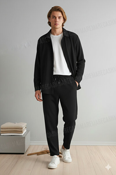 Modaikon طقم قميص أسود بأكمام طويلة للرجال/للجنسين من قماش الكريب قماش قابل ل...