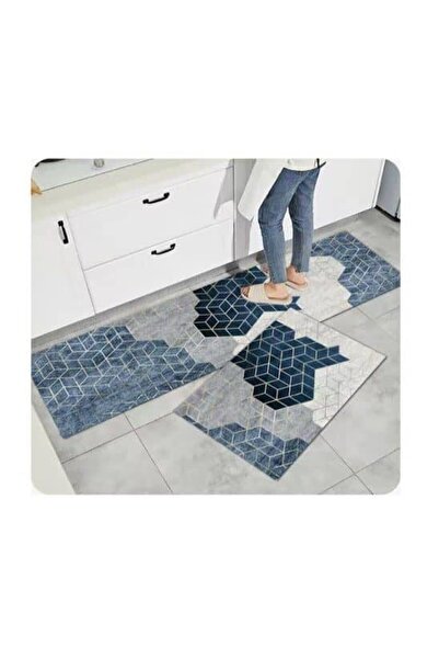 OEM non-slip kitchen rugs, 140x60 cm, 3D geometric pattern blue-gray, 100% polyester
