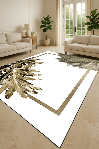 Kessy Home Studio Modern Gold Yaprak Desenli Salon Halısı Dijital Baskı Makin...