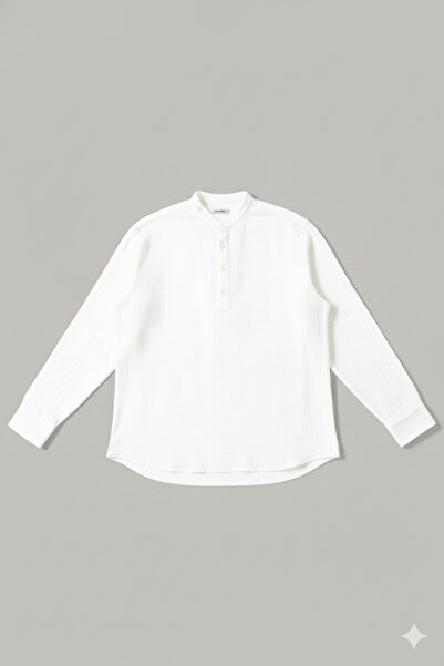 A&O Style Men's Oversized Hakim Collar Half Placket Buttoned Long Sleeve Muslin Linen Shirt