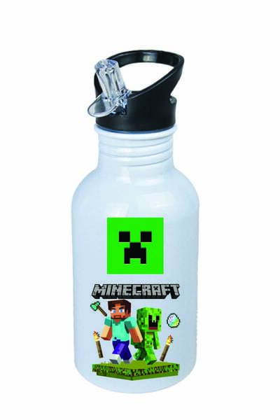 DKDZ SHOP Minecarfttt Baskılı Pipetli Beyaz Metal Suluk - 600ml