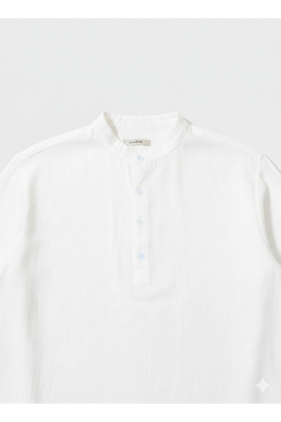 A&O Style Men's Oversized Hakim Collar Half Placket Buttoned Long Sleeve Muslin Linen Shirt