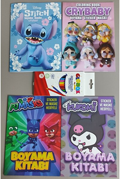 ada çanta kırtasiye 4 adet stickerli boyama kitabı ve 12 li kuru boya kalemi ...
