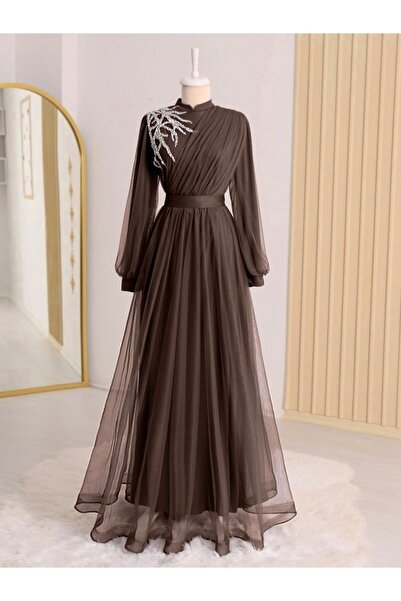 HİJABAYA Önü Taş Detaylı Drapeli Kemerli Tül Abiye