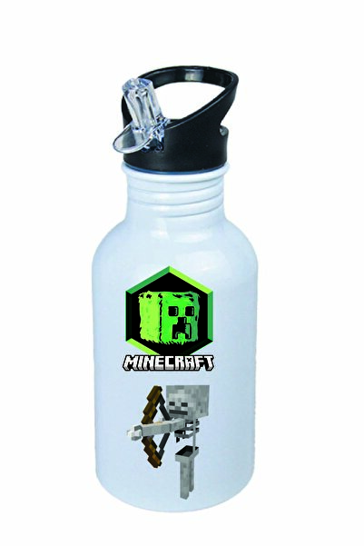 DKDZ SHOP Minecarfttt Baskılı Pipetli Beyaz Metal Suluk - 600ml
