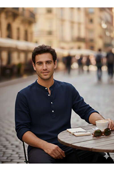 A&O Style Men's Oversized Hakim Collar Half Placket Buttoned Long Sleeve Muslin Linen Shirt