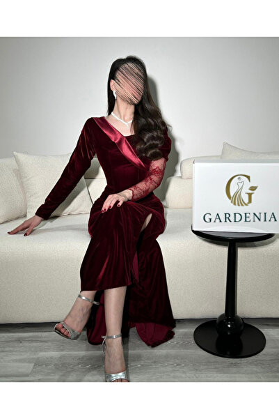GARDENİA Elegant Burgundy Velvet Mermaid-Cut Dress