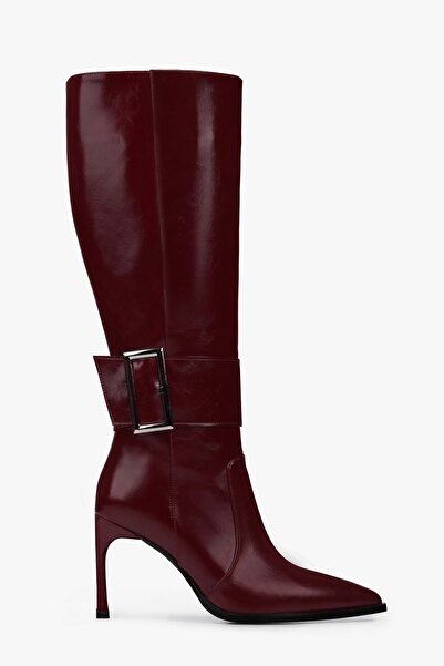 Shoeberry Women's Emma Burgundy Leather Buckle Heeled Boots