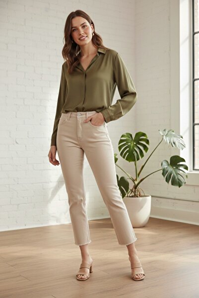 katalya Cream High-Waisted Long-Length Women's Pants