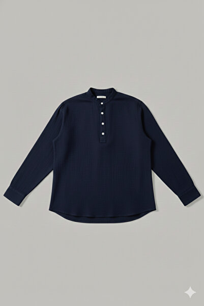 A&O Style Men's Oversized Hakim Collar Half Placket Buttoned Long Sleeve Muslin Linen Shirt