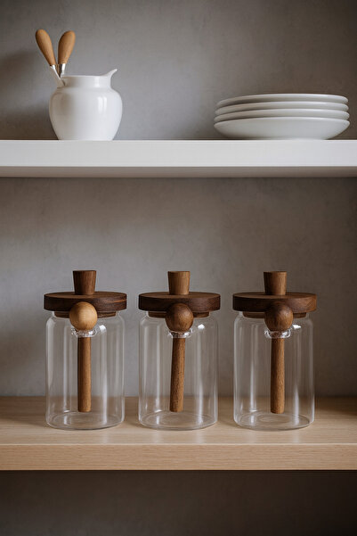 Kezze 3'lü Kaşıklı 750 ml Akasya Kapaklı Cam Kavanoz Seti - Vakumlu Baharat & Kahve Saklama Seti