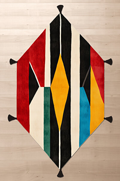 Rugs Modern Halı سجادة دائرية مزخرفة بنمط هندسي منقوش باللونين الأسود والأصفر...