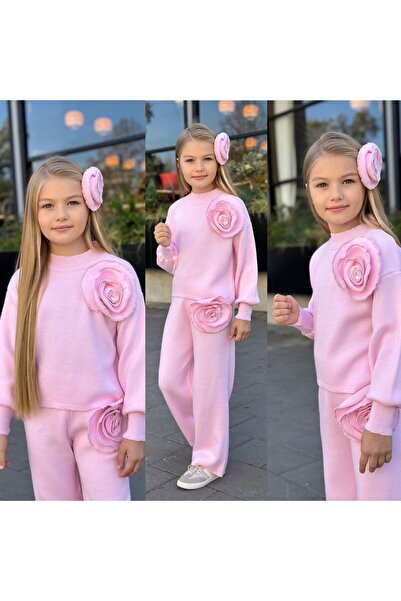 KOKOŞ BEBEK Rose Detailed Girls' Knitwear Set - 3 Pieces – Top + Pants + Hair Accessory - Age 3/12 - 31581