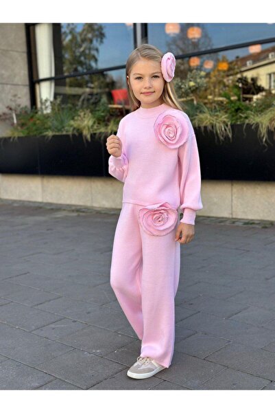 KOKOŞ BEBEK Rose Detailed Girls' Knitwear Set - 3 Pieces – Top + Pants + Hair Accessory - Age 3/12 - 31581