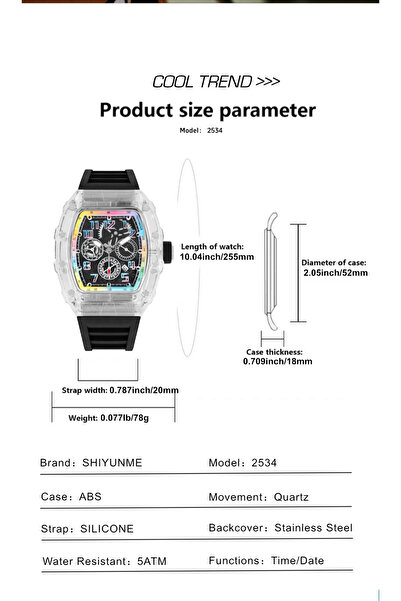 shiyunmei Fully transparent mechanical gear watch, rainbow tide watch, waterproof luminous men's sports watch