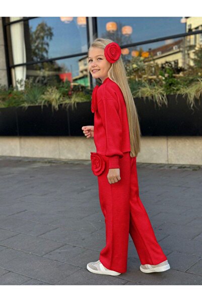 KOKOŞ BEBEK Rose Detailed Girls' Knitwear Set - 3 Pieces - Top + Pants + Hair Accessory - Age 3/12 - 31581