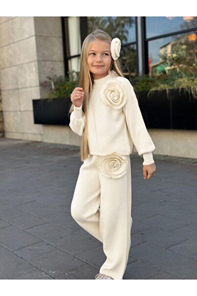 KOKOŞ BEBEK Rose Detailed Girls' Knitwear Set - 3 Pieces – Top + Pants + Hair Accessory - Age 3/12 - 31581