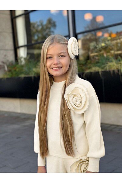 KOKOŞ BEBEK Rose Detailed Girls' Knitwear Set - 3 Pieces – Top + Pants + Hair Accessory - Age 3/12 - 31581