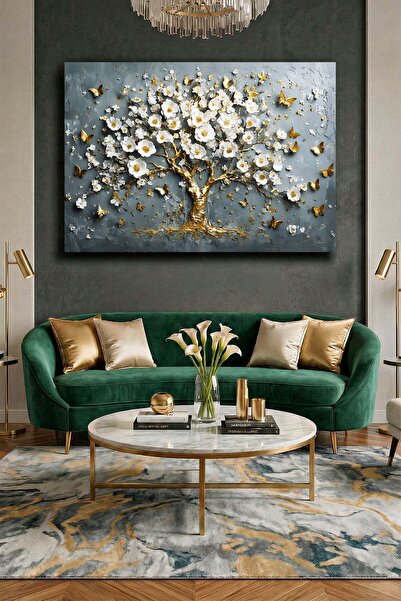 Wallivo Gri Temalı Ağaç ve Çiçek Motifi - Melankolik ve Şık Kanvas Tablo