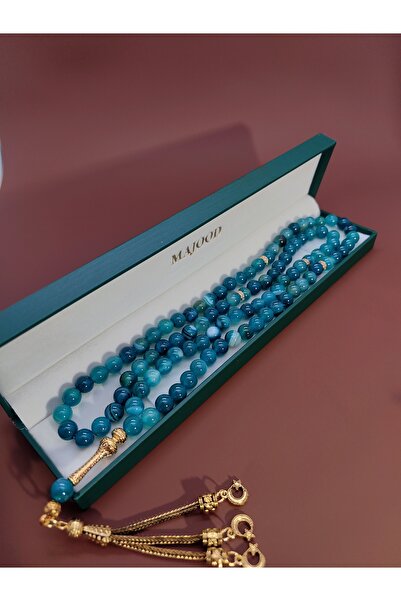 MAJOOD 99 Real Peacock Blue Textured Agate Prayer Beads/Tasbih/8MM/For Men And Women