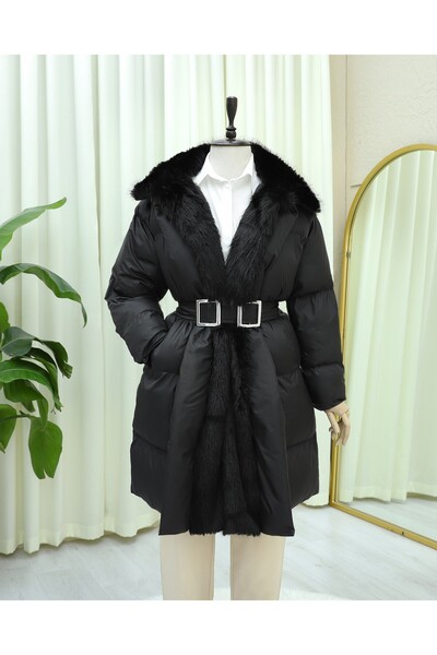 HİJABAYA Γούνινο παλτό με λεπτομέρειες, ζώνη, τσέπες και επένδυση