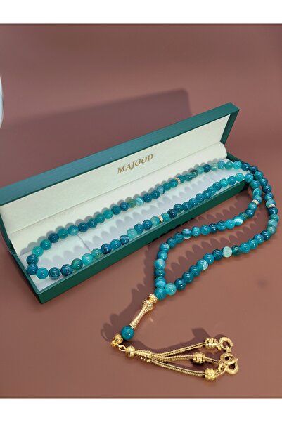MAJOOD 99 Real Peacock Blue Textured Agate Prayer Beads/Tasbih/8MM/For Men And Women